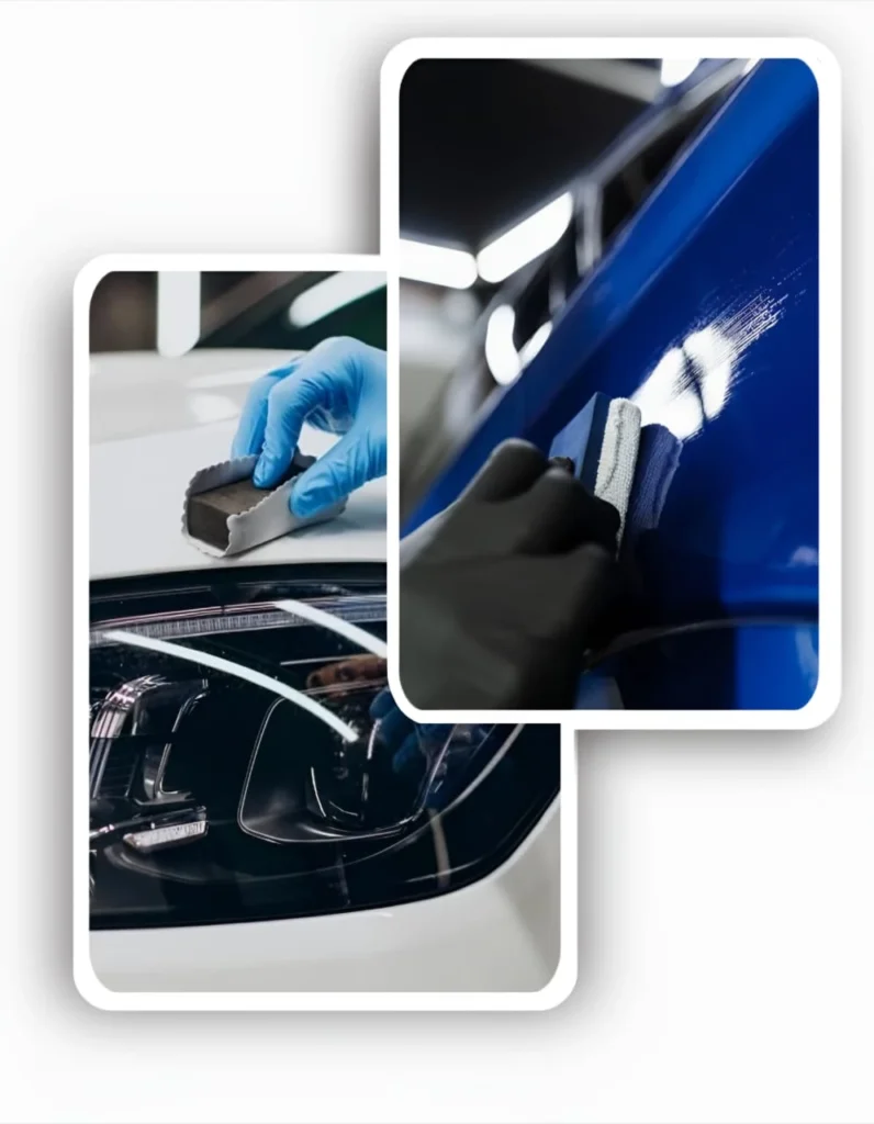Specialist applying premium car ceramic coating to a vehicle's blue body panel and headlight.