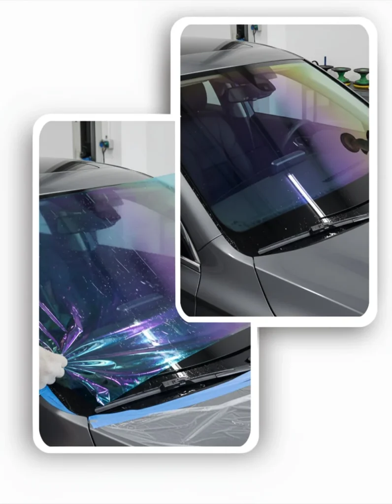 Professional applying chameleon windscreen tinting film to a car during the installation process.