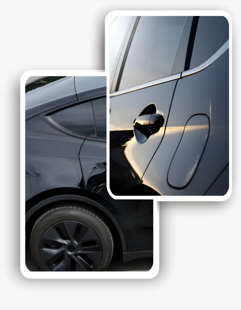Close-up of a stylish black EV with dark professional electric vehicle tinting for heat and glare reduction.