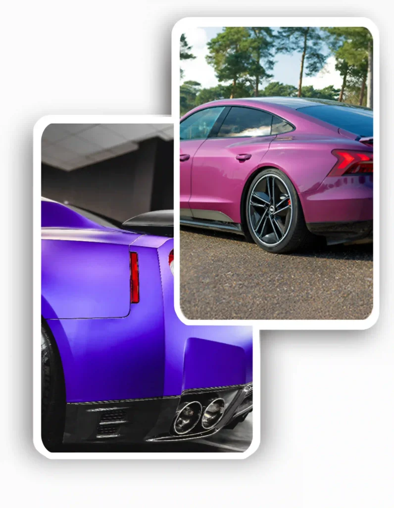 Professional installation of vibrant custom car wraps on purple and pink sports cars by TintXpert.