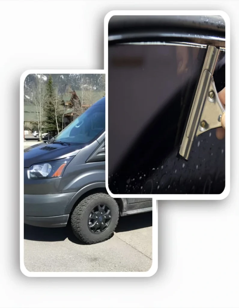 Specialist using a squeegee during professional van window tinting on a dark grey Transit van.