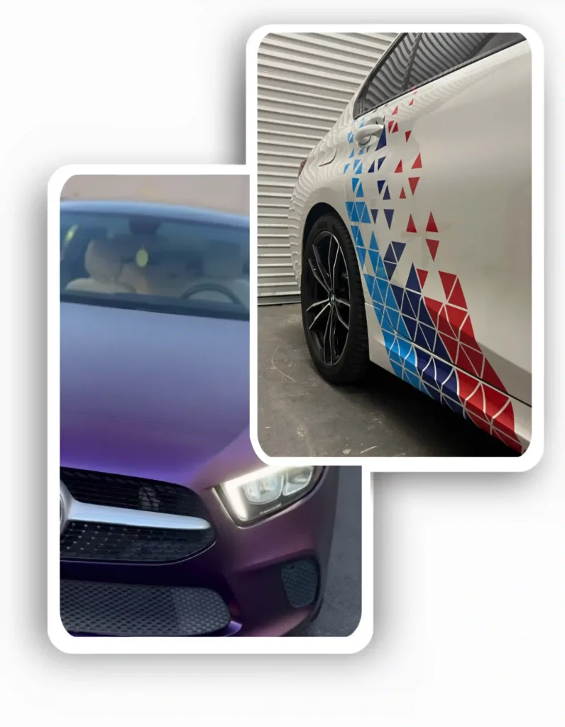 Purple matte full car wrap and white car with geometric custom car wraps, showing full and partial options.