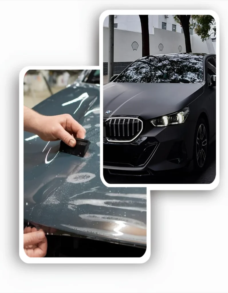 Professional installation of a clear, self-healing paint protection film onto a matte black BMW.