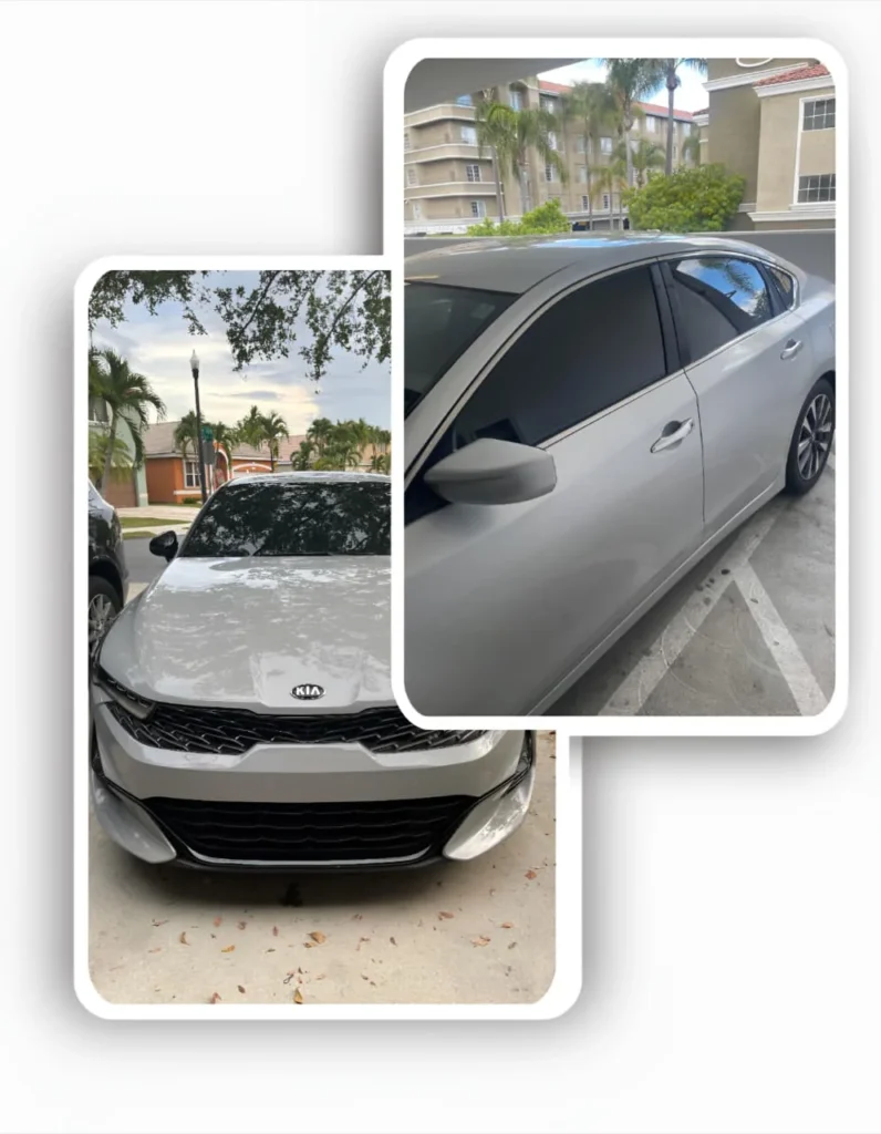Silver Kia sedan after receiving high-grade car window tinting services from TintXpert in Glasgow.