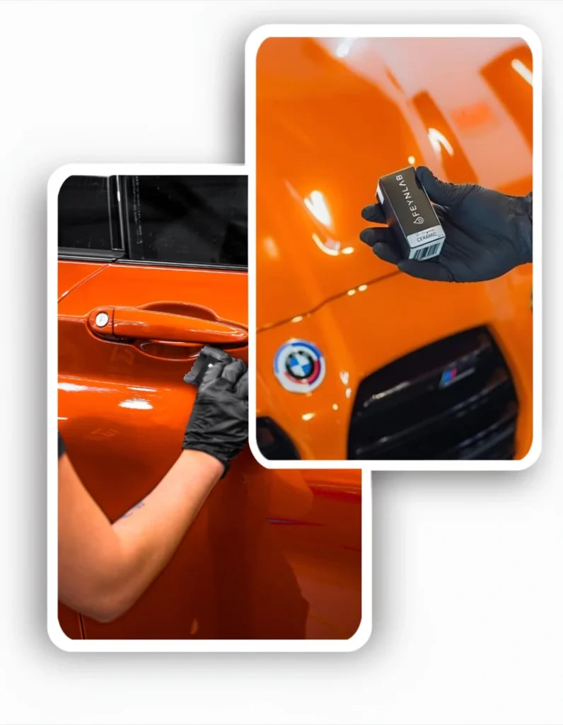 Applying premium car ceramic coating product to a glossy orange car for long-lasting protection.