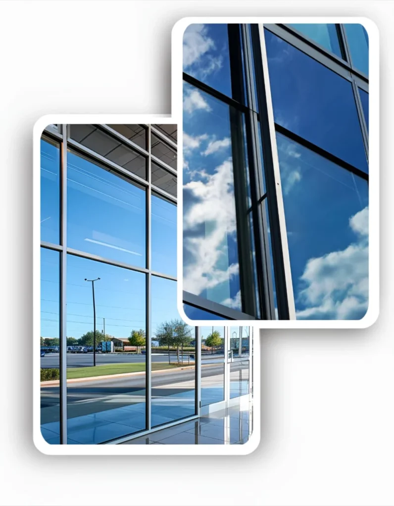 Highly reflective commercial window tinting on a modern building façade, illustrating sun and heat rejection benefits.