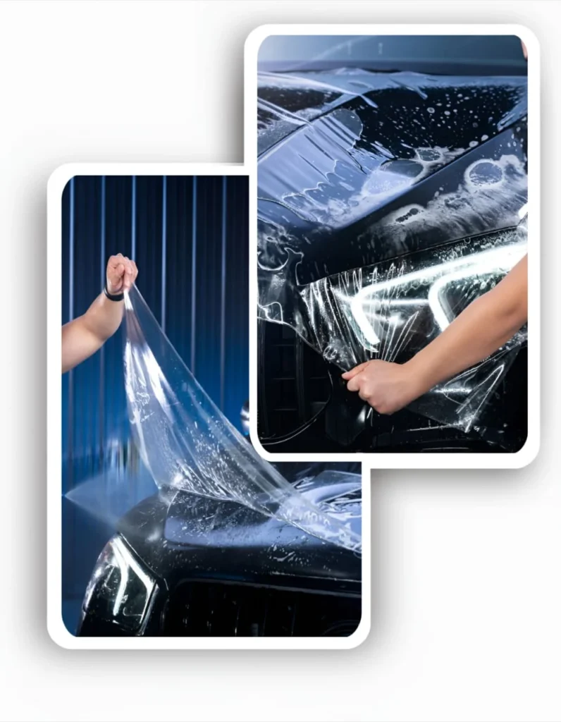 Applying clear paint protection film (PPF) to shield a vehicle from environmental damage.