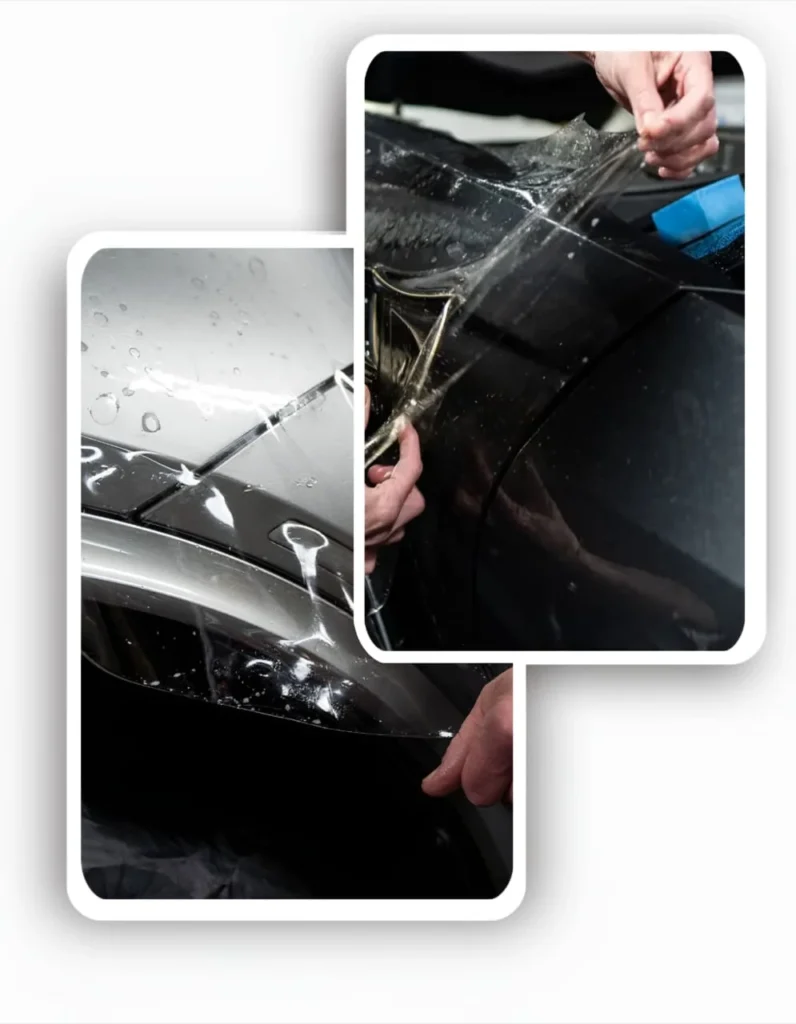Specialist installing clear paint protection film (PPF) onto a car's body panel, showcasing local service.