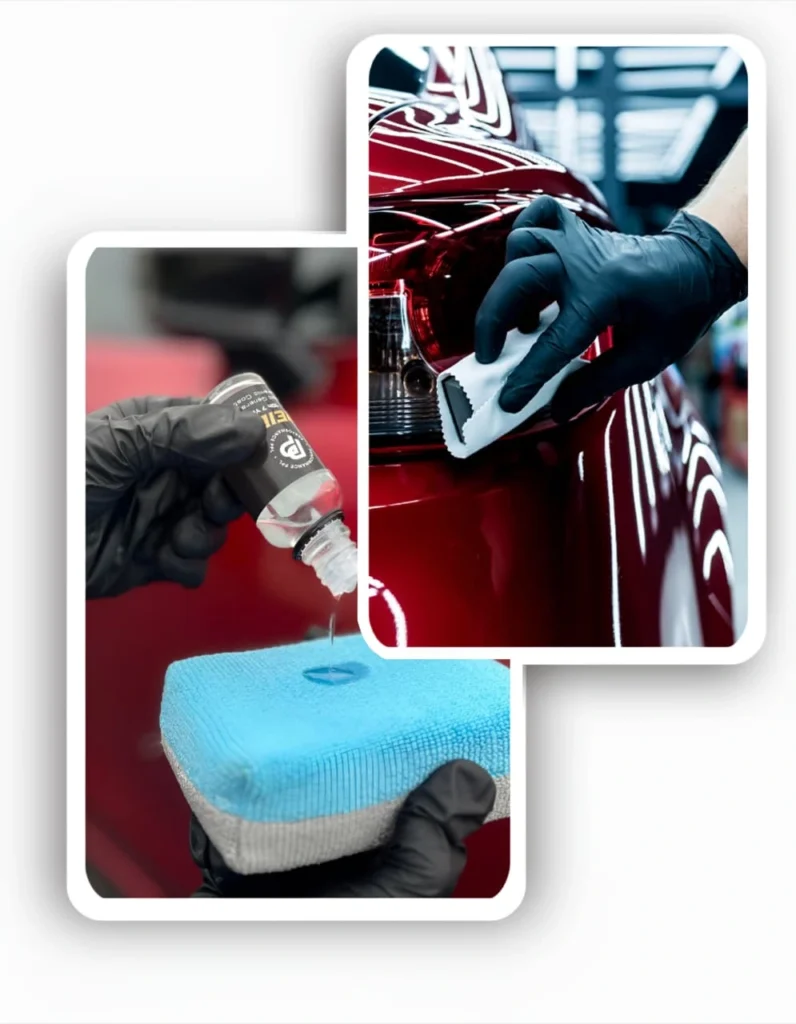 Professional technician applying liquid car ceramic coating with an applicator pad to a red vehicle.