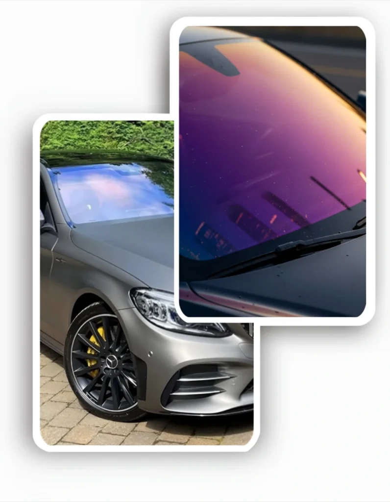 High-end car showing deep violet chameleon windscreen tinting for UV protection and heat rejection.