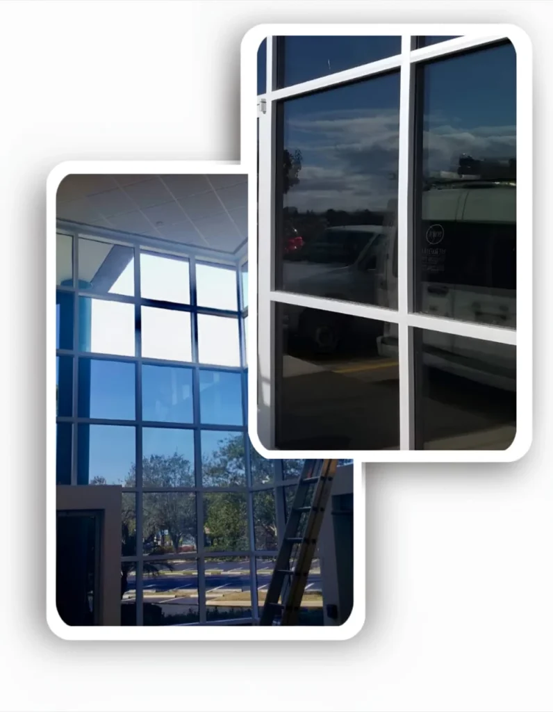 Professional application of commercial window tinting film on large internal office windows.