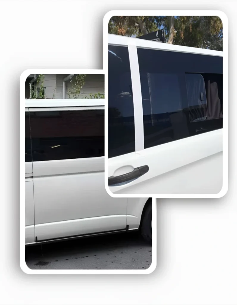 Finished white van with dark van window tinting, showing the professional look after the curing time.