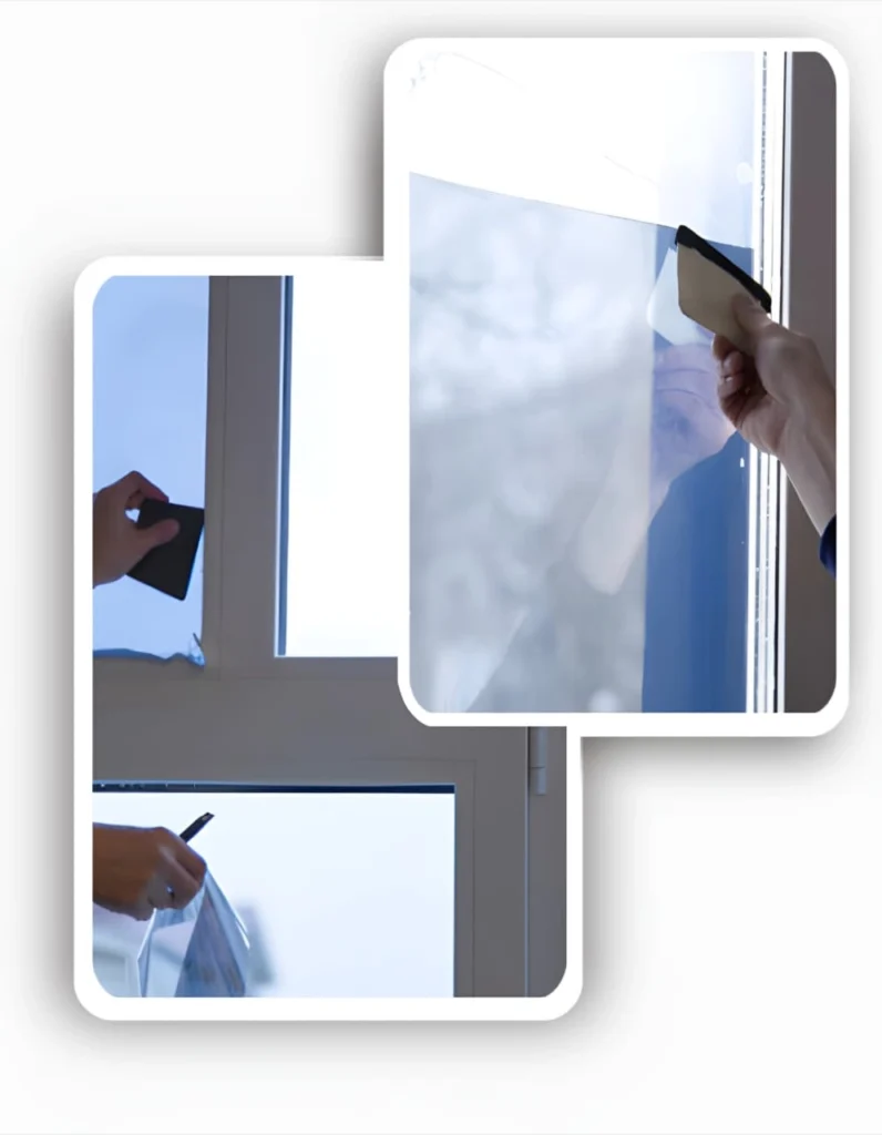 Close-up of hands and squeegee tool during window film installation for solar control and glare reduction.