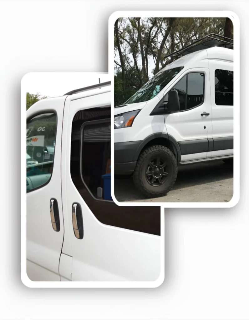 Finished white Ford Transit van with professional van window tinting, ideal for showcasing different film types.