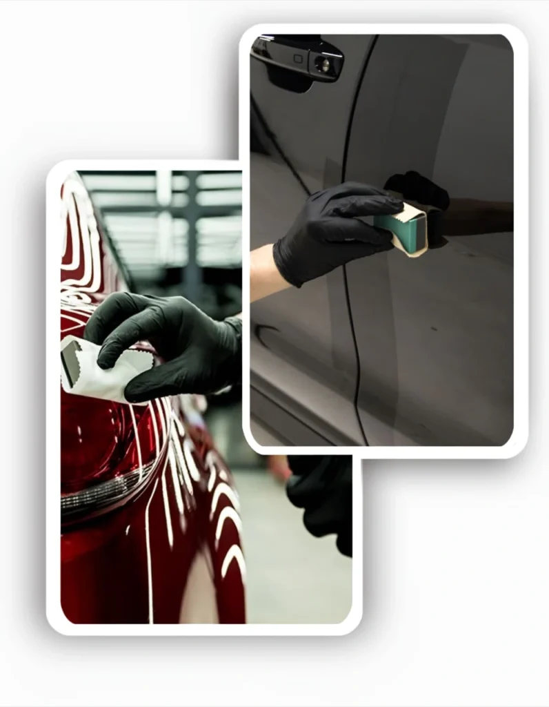 Specialist applying premium car ceramic coating to a black door panel and red taillight, emphasizing quality.