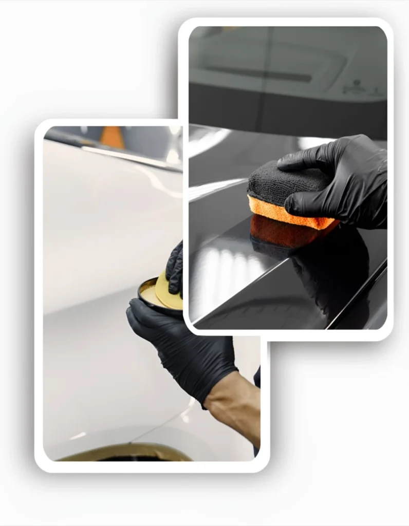 Specialist applying premium brand car ceramic coating product to a glossy white vehicle.