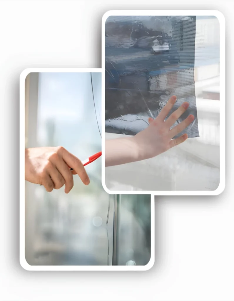Professional applying clear, thick safety window film to residential glass, demonstrating film types.