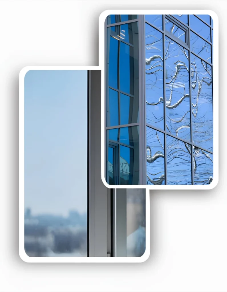 Broken commercial window glass held together by high-strength safety window film.