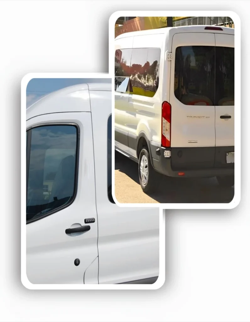 Rear and side view of a white Transit van with privacy van window tinting completed by TintXpert.