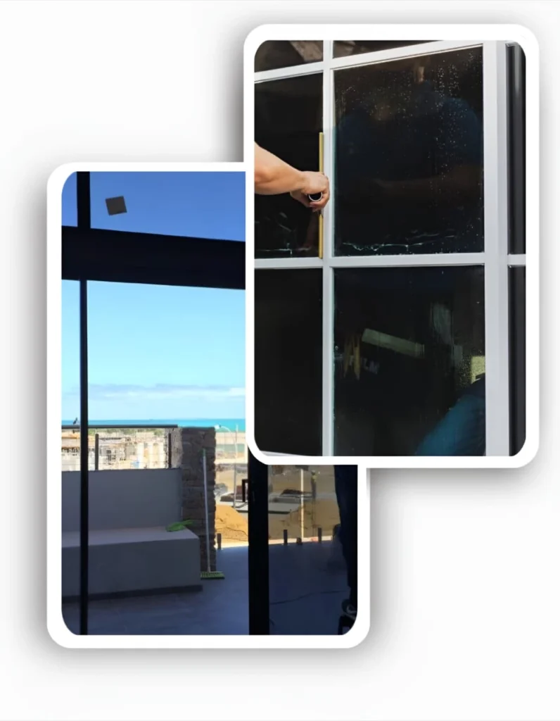 Professional applying office window tinting to a building window, showing quality and precision.