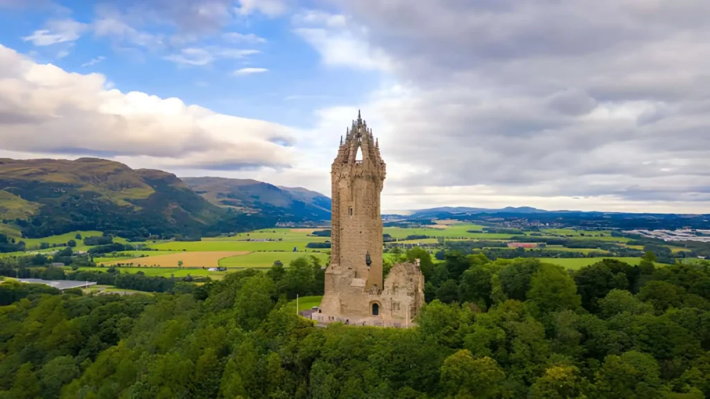 The National Wallace Monument in Stirling, a historic landmark location overlooking the scenic Scottish landscape.
