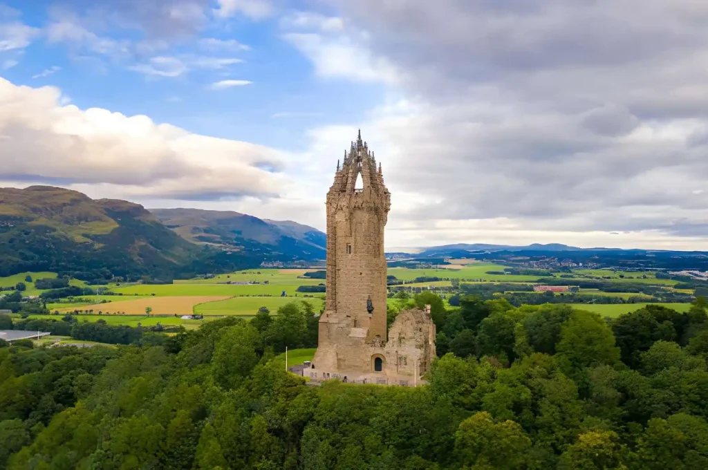 The National Wallace Monument in Stirling, a historic landmark location overlooking the scenic Scottish landscape.